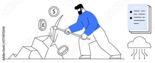 Man using pickaxe to mine currency symbols from rocks, cloud connected to data, and documents. Ideal for technology, finance, investment, economy, analytics blockchain and innovation. A simple flat