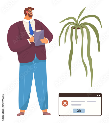 Man holding clipboard examines screen error with concern next to drooping plant. Ideal for technology, business, stress, workflow, troubleshooting, work-life balance, decision-making. Simple flat