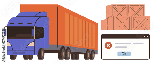 Cargo truck beside wooden boxes and a system error dialog box with an issue notification. Ideal for logistics, transport, technology, inventory, delivery, shipping, supply chain. Simple flat metaphor