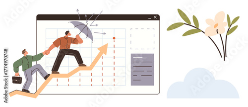 Two people climbing upward on a chart arrow with an umbrella shielding from obstacles, symbolizing support, strategy, and resilience. Ideal for teamwork, growth, leadership, success, challenges