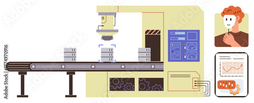 Industrial conveyor transporting boxes under robotic system, featuring computer interface, graphs, and supervisor avatar. Ideal for automation, efficiency, AI, manufacturing, robotics technology