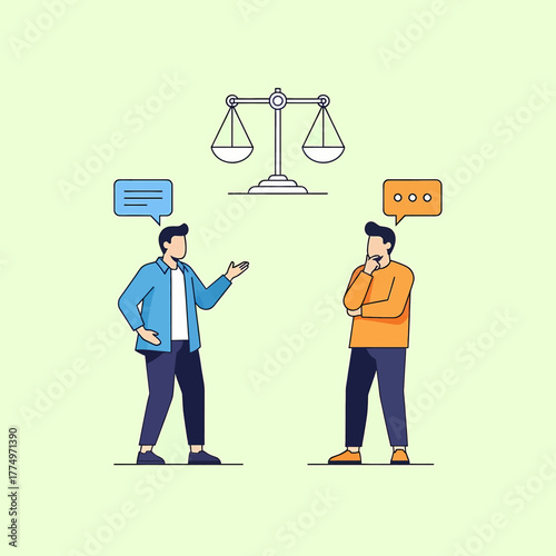 Two men discussing legal matters with a balance scale above them.