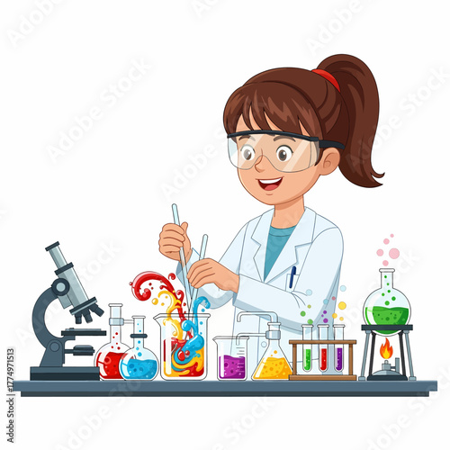 Young girl in lab coat conducting science experiment with colorful liquids.