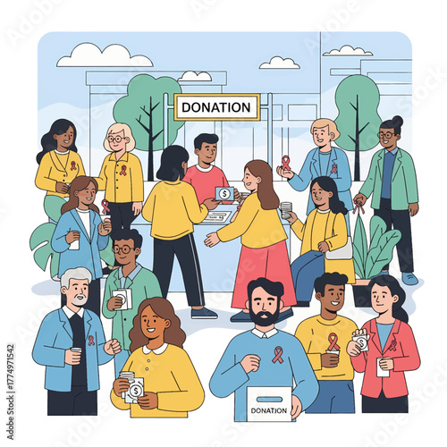 Diverse group of people donating and volunteering for a cause.