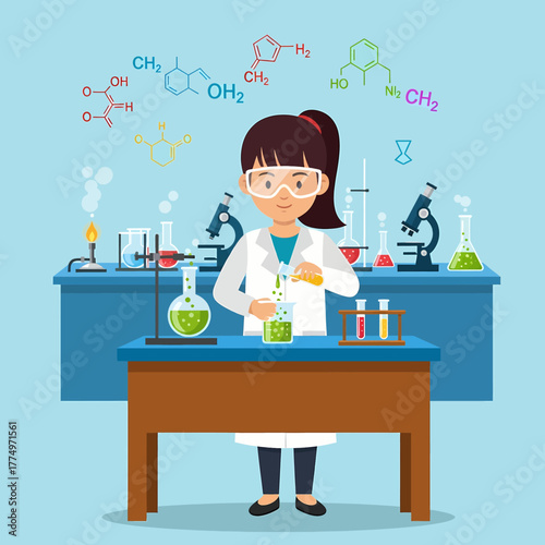 Young girl in lab coat conducting science experiment with beakers and test tubes.