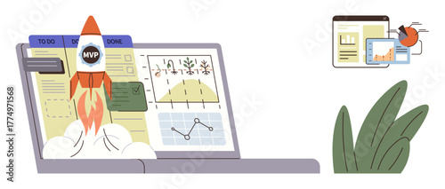 Rocket representing MVP launch on a laptop displaying to-do lists, graphs, and analytics. Bug fixing and data analysis elements shown. Ideal for innovation, project planning, agile workflow, startup