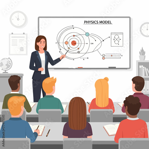 Teacher Explaining Physics Model to Students in Classroom.