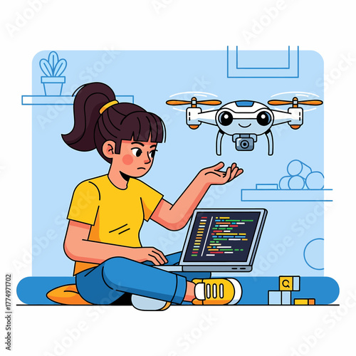 Young girl programming a drone with a laptop.