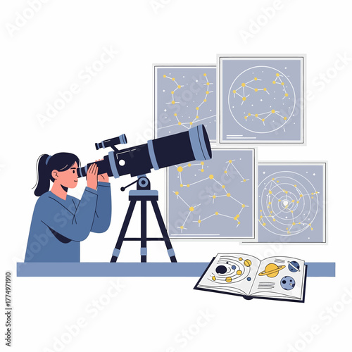 Young woman observing stars through a telescope with constellation charts.