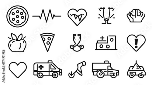 Set of health, medicine, food, and lifestyle outline icons. Includes heart, hospital, ambulance, exercise, and healthy eating symbols.
