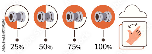Battery levels at 25, 50, 75, 100 with graphical indicators and a swipe gesture box. Ideal for charging, energy, progress, efficiency, usage steps technology simple flat metaphor