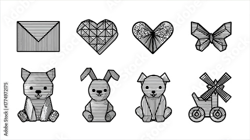 Geometric papercraft style vector icons set: cute animals (dog, rabbit), hearts, butterfly, envelope, and windmill illustration