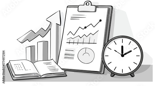 Hand-drawn business concept with data analysis, financial growth, time management, and strategic planning elements. Financial success.