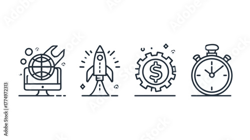 Modern Business & Technology Line Icons: Startup Launch, IT Support, Financial Strategy, Time Management & Efficiency Vector Set