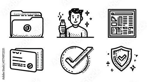 Business and technology doodle icons: data security, digital finance, user identity, web analytics, payment, approval, protection. Hand-drawn line art.