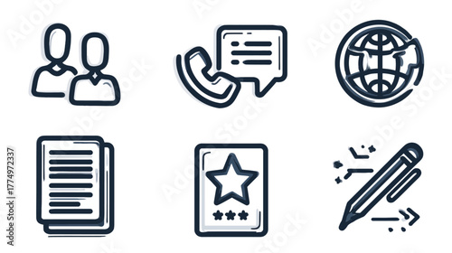 Business and technology icons set. Users, global communication, documents, quality rating, and digital content creation. Outline vector illustration.
