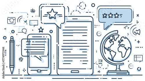 Global Digital Communication, Online Content, and Customer Reviews on Mobile Devices - Modern Thin Line Art Technology Concept
