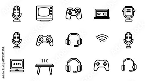 Media and Entertainment Line Icons Set: Microphones, Gamepads, Headphones, TV, Laptop, Wi-Fi. Digital Communication & Streaming Vector.