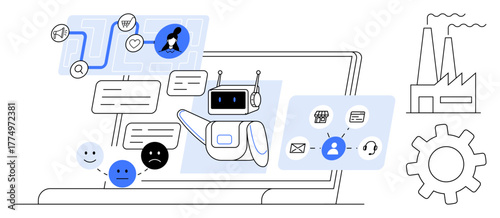 Robot interacting on screen with messages, user icons, and options. Factory and gear visuals suggest industry use. Ideal for technology, AI, communication, automation, customer support workflow