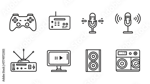 Modern Line Art Icons Set: Gaming, Audio, and Entertainment Technology. Game controller, microphones, speaker, console, radio, media player.
