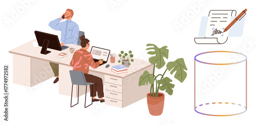 Colleagues working at desks with computers and paperwork, surrounded by potted plants. Drawing of a checklist and a transparent cylindrical object. Ideal for teamwork, organization, productivity