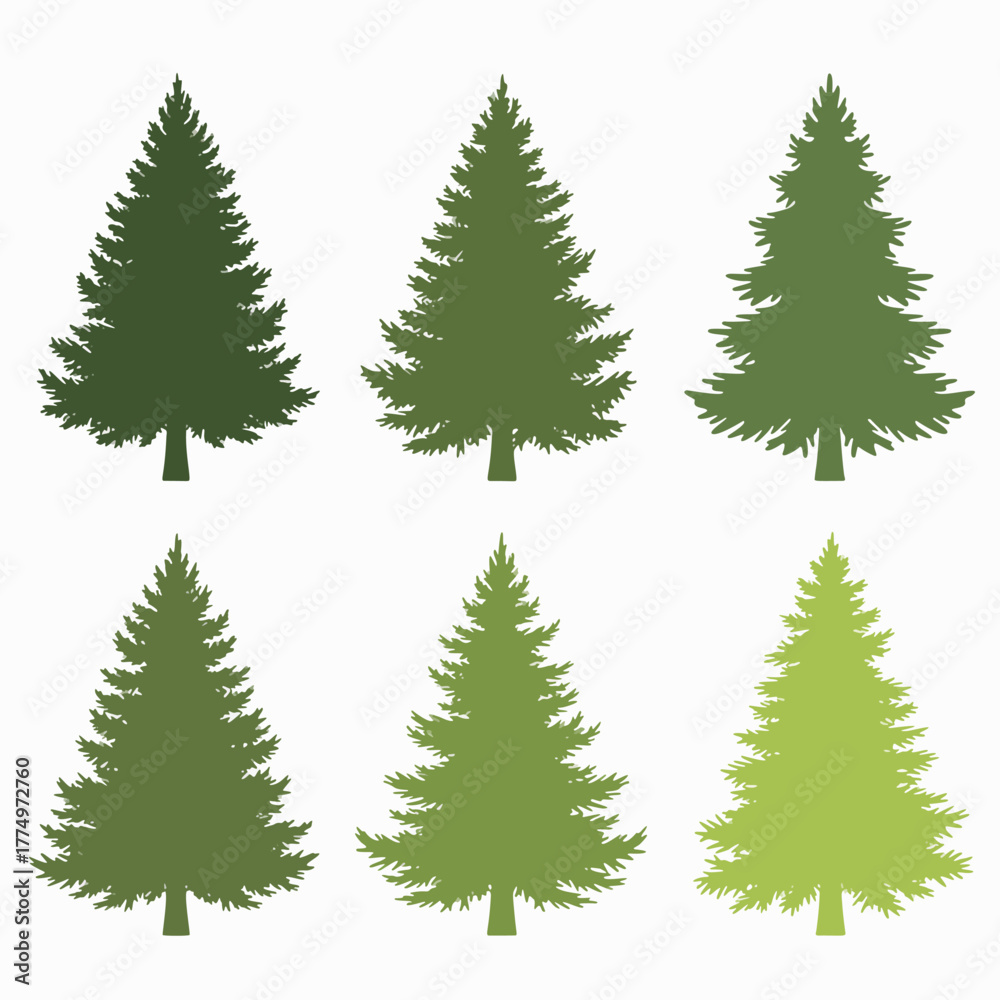 Obraz premium green douglas fir green Christmas tree silhouette collection set 2d flat vector style isolated white background 