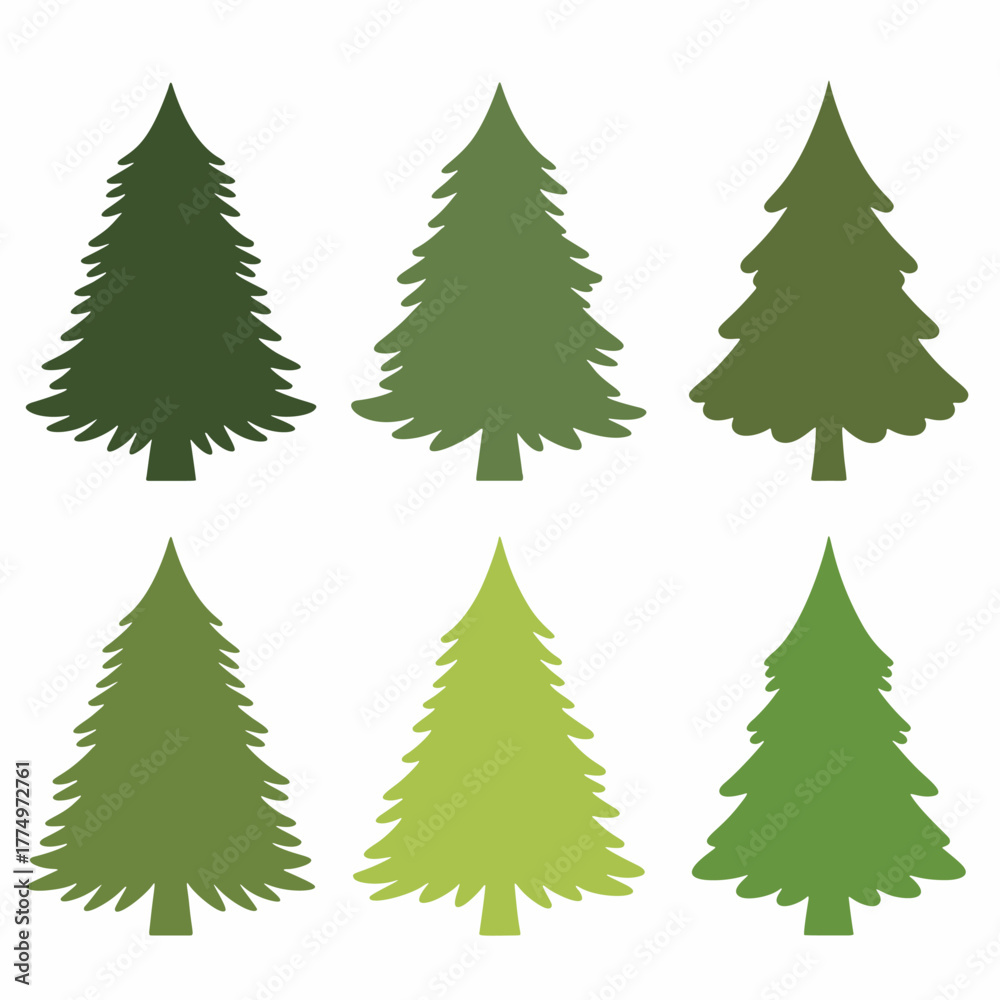 Obraz premium green douglas fir green Christmas tree silhouette collection set 2d flat vector style isolated white background 
