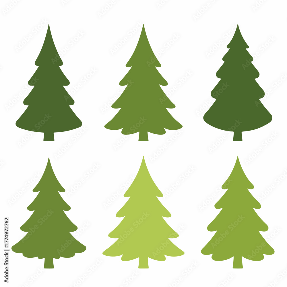 Fototapeta premium green douglas fir green Christmas tree silhouette collection set 2d flat vector style isolated white background 