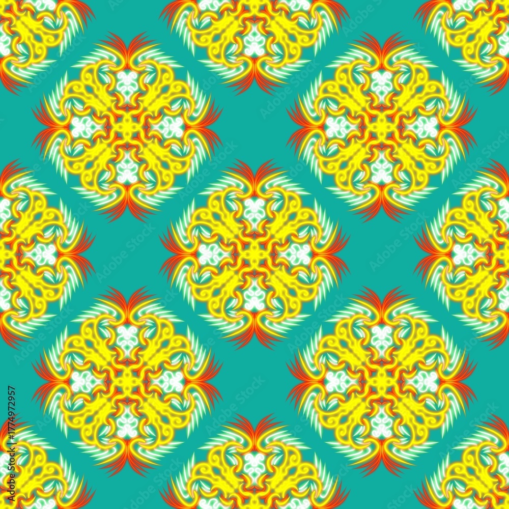 Obraz premium Yellow Neon Floral Pattern on Teal Background Yellow-orange neon floral motifs on a teal background, arranged in a seamless pattern. 