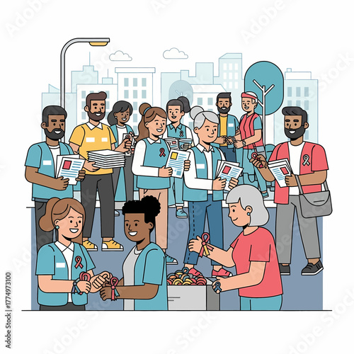 Diverse group of volunteers distributing information and aid on a city street.