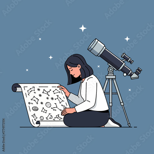 Young woman studying star chart with telescope nearby.