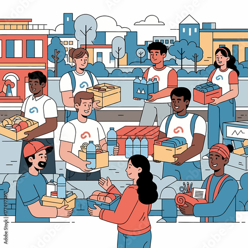 Diverse group of volunteers distributing essential supplies and food items.