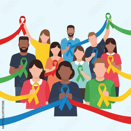 Diverse group of people holding awareness ribbons for various causes.