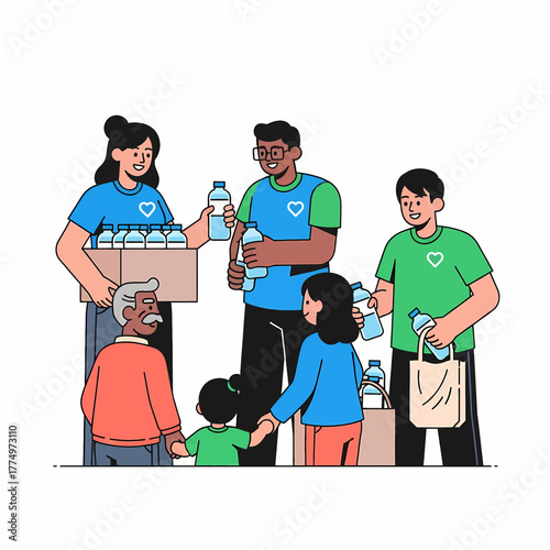 Volunteers distributing water bottles to people in need.