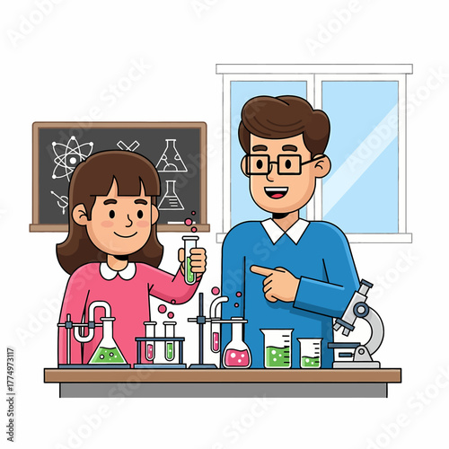 Teacher and student conducting a science experiment in a laboratory setting.