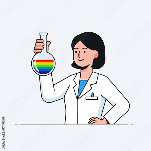 Scientist holding a flask with rainbow liquid in a lab coat.