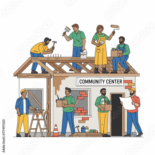 Diverse group of people working together to build a community center.