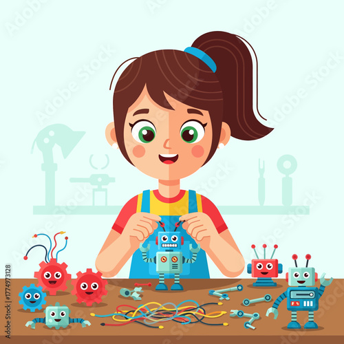 Young girl building a robot with colorful parts and tools.
