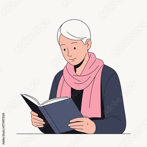 Person reading a book with a pink scarf.