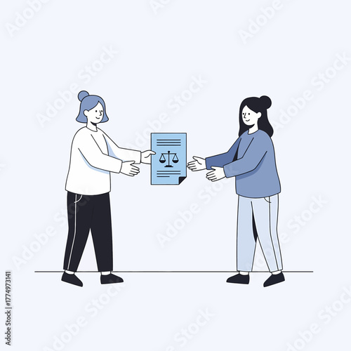 Two women exchanging a document with scales of justice symbol.