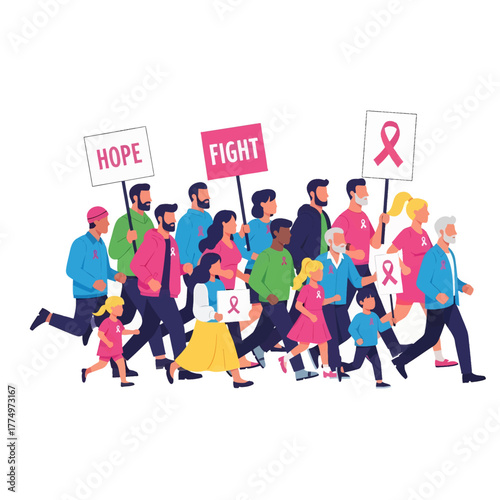 Diverse group of people marching together for a cause holding signs and ribbons.