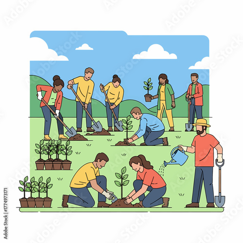 Diverse group of people planting trees together in a community garden.