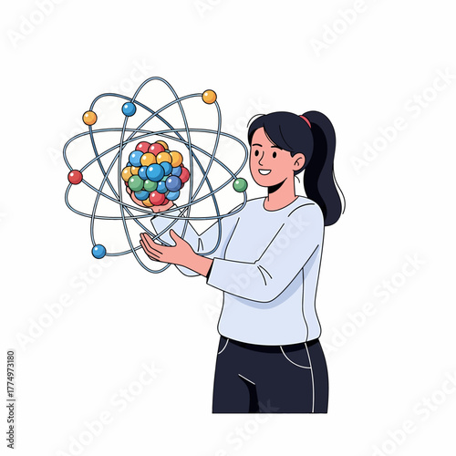 Young woman scientist holding a colorful atomic model with orbiting electrons.