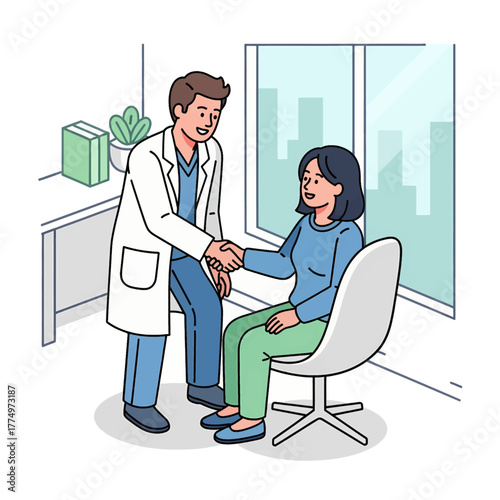 Doctor and Patient Shaking Hands in Medical Office.