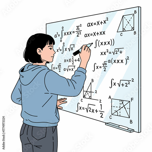Young student writing complex mathematical equations on a whiteboard.