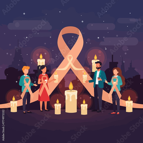People holding candles around a large awareness ribbon.