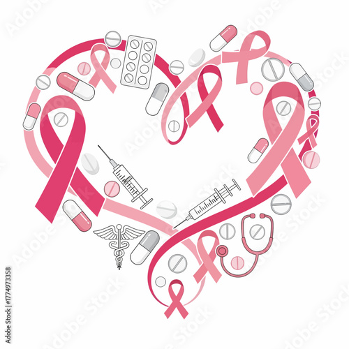 Pink Ribbon Heart Symbolizing Breast Cancer Awareness and Medical Care.