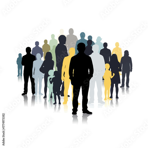 Diverse group of people standing together in a crowd.