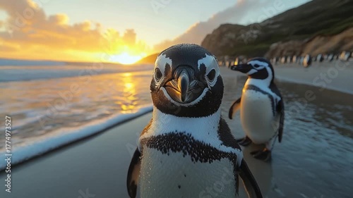 African penguins sunset beach.