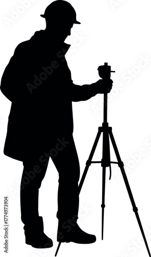 Black silhouette geologist surveying with equipment